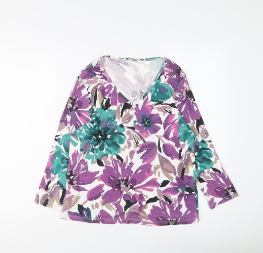 BHS Womens Multicoloured Floral Cotton Basic Blouse Size 14 V-Neck