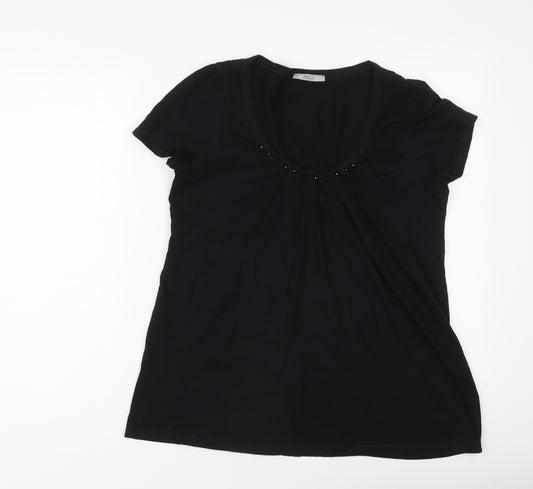 Marks and Spencer Womens Black Cotton Basic T-Shirt Size 16 Scoop Neck - Embellished Neckline
