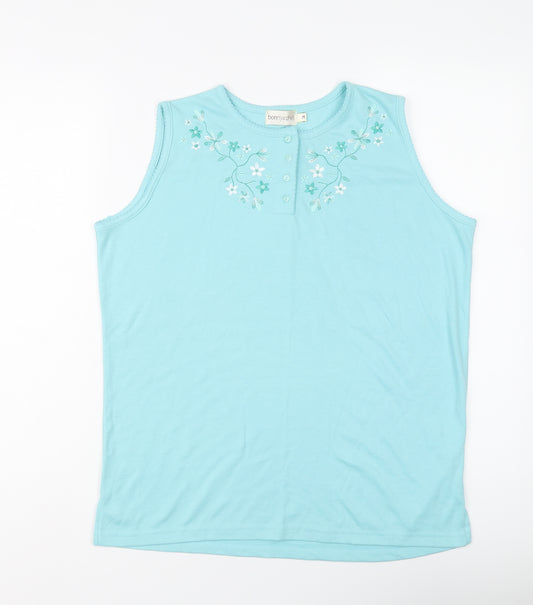 Bonmarché Womens Blue Polyester Basic T-Shirt Size M Henley - Floral Detail