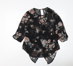 Suzy Shier Womens Black Floral Polyester Basic Blouse Size S Round Neck
