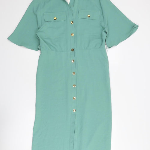 Zara Womens Green Polyester Shirt Dress Size XS Collared Button