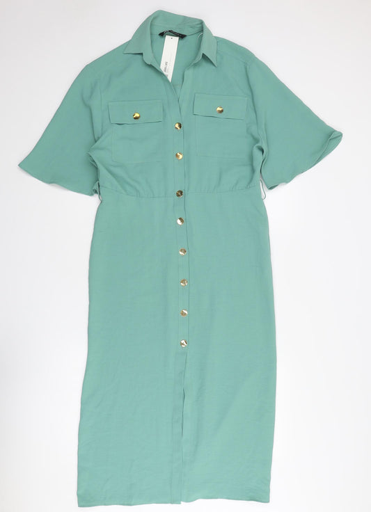 Zara Womens Green Polyester Shirt Dress Size XS Collared Button