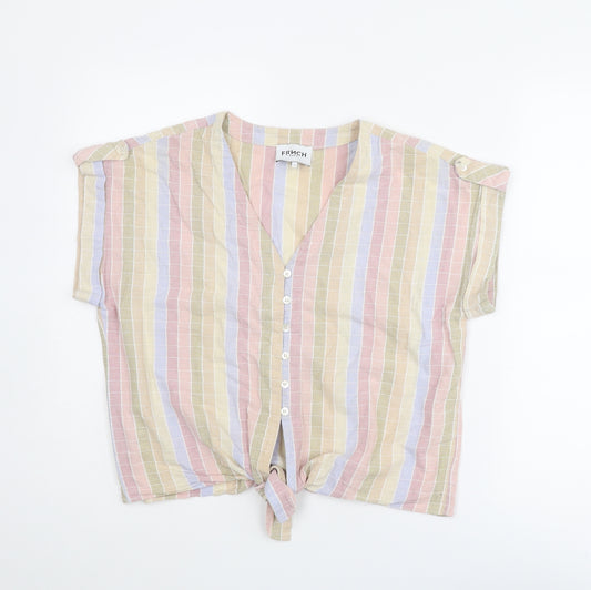 FRNCH Womens Multicoloured Striped Cotton Basic Blouse Size S V-Neck - Knot Front
