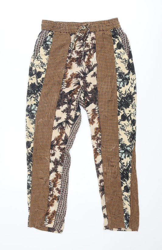 Zara Womens Multicoloured Geometric Viscose Trousers Size XS Regular Drawstring