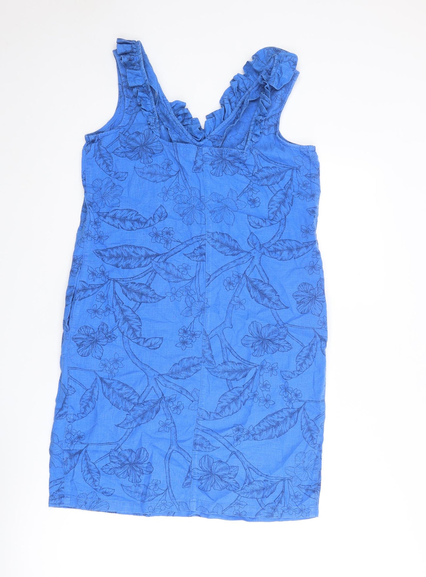NEXT Womens Blue Floral Linen A-Line Size 8 V-Neck Pullover
