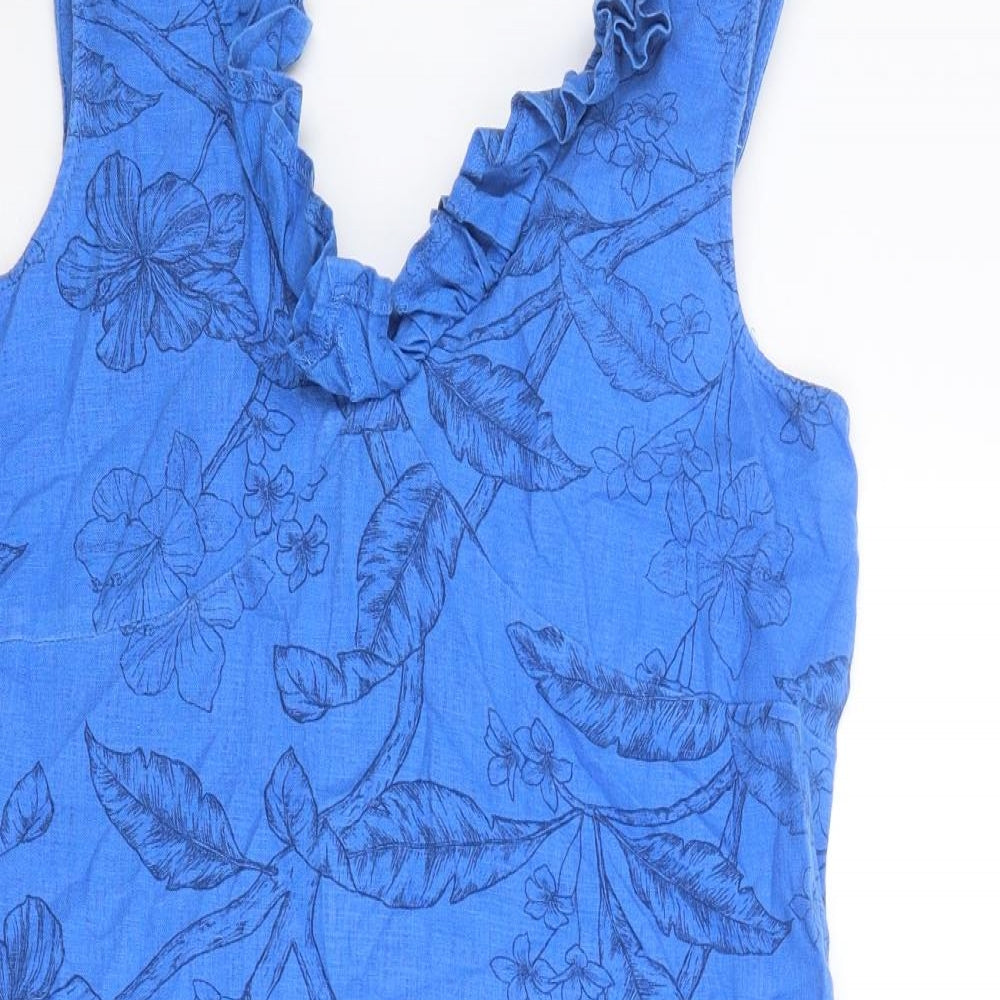 NEXT Womens Blue Floral Linen A-Line Size 8 V-Neck Pullover