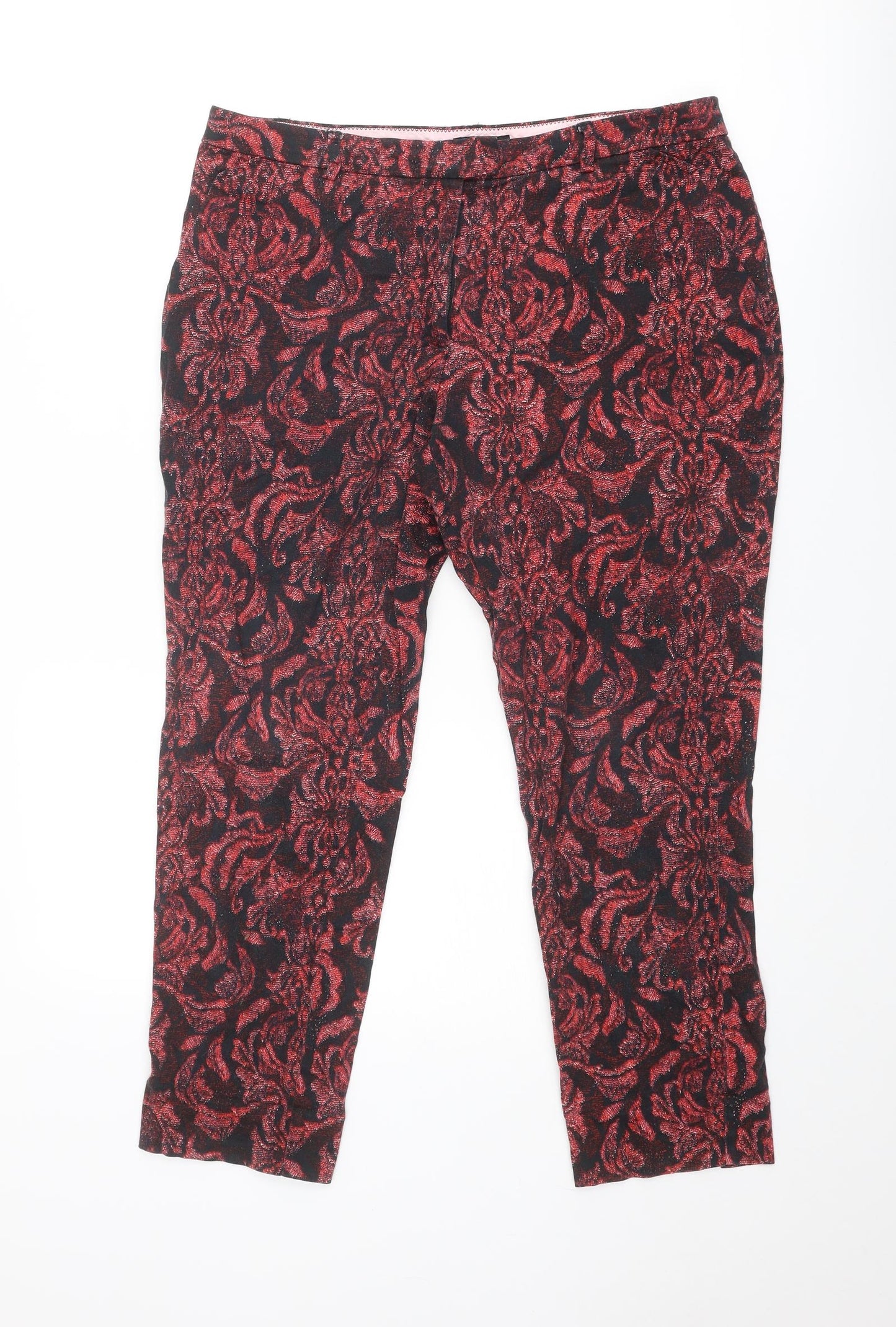 H&M Womens Red Geometric Cotton Trousers Size 16 Regular Zip