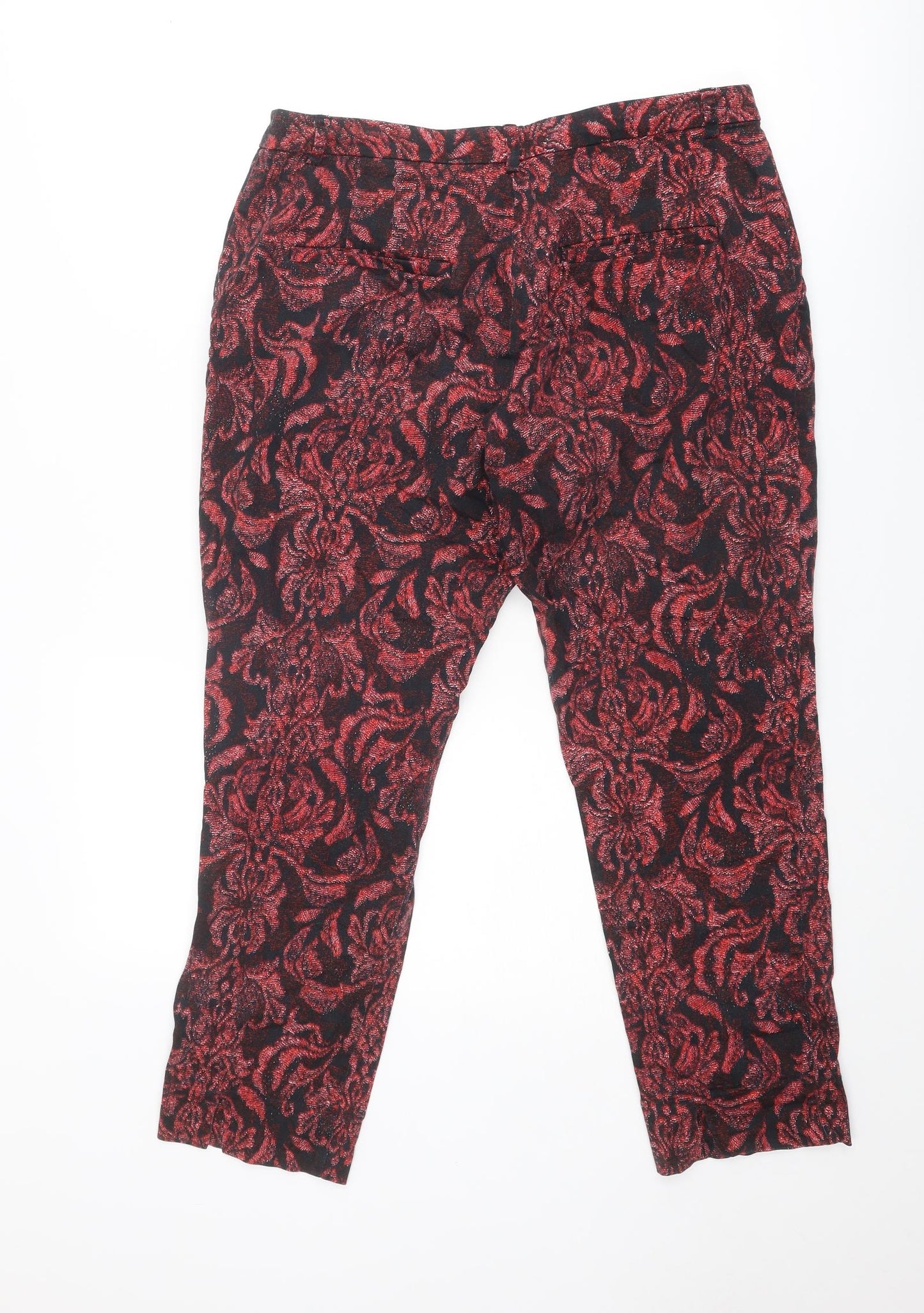 H&M Womens Red Geometric Cotton Trousers Size 16 Regular Zip