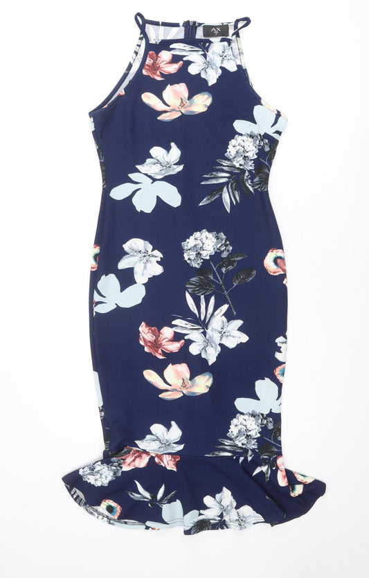 AX Paris Womens Blue Floral Polyester Bodycon Size 12 Square Neck Zip
