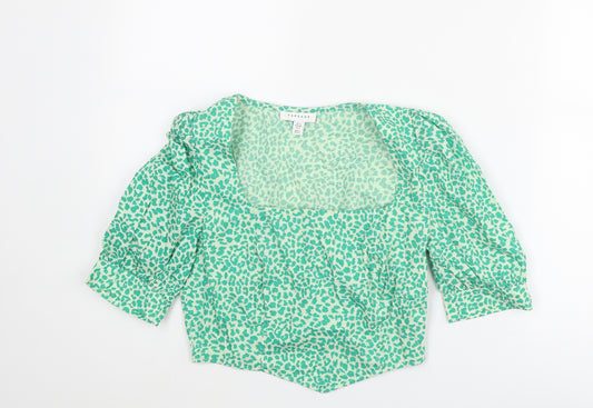 Topshop Womens Green Animal Print Cotton Cropped Blouse Size 6 Square Neck