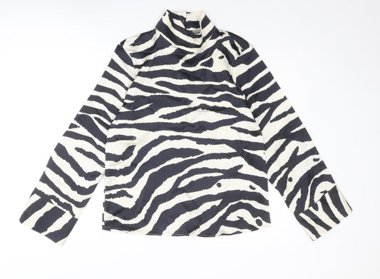 H&M Womens Black Animal Print Polyester Basic Blouse Size S High Neck - Zebra Print