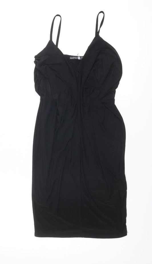 Boohoo Womens Black Polyester Slip Dress Size 8 V-Neck Pullover