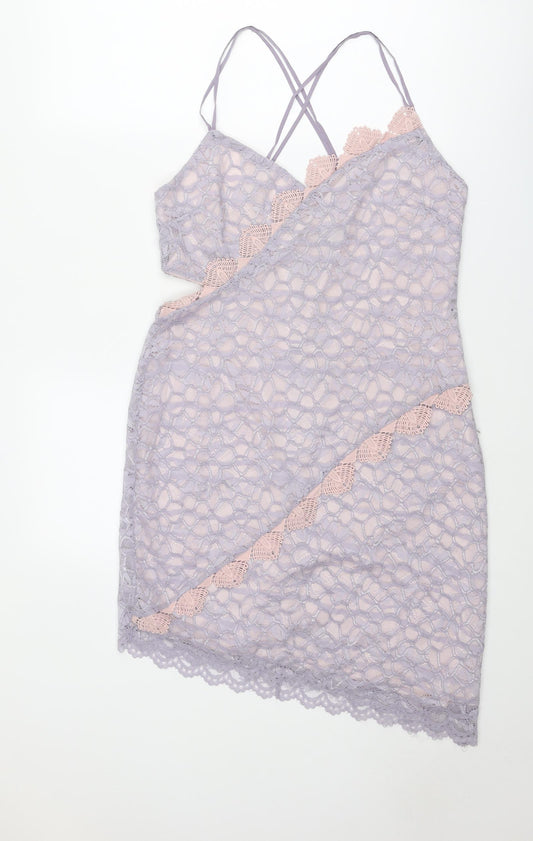 Topshop Womens Purple Floral Nylon Slip Dress Size 16 V-Neck Zip