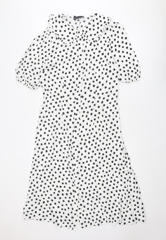 Marks and Spencer Womens White Polka Dot Viscose A-Line Size 14 Collared Button