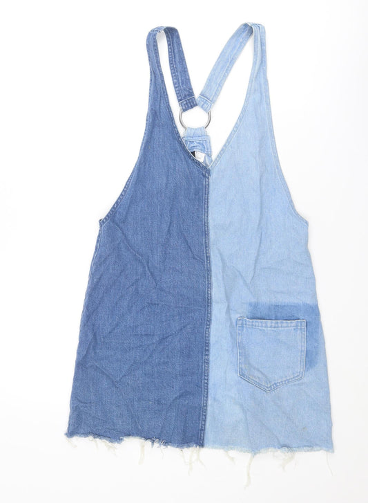 Divided by H&M Womens Blue Colourblock Cotton Pinafore/Dungaree Dress Size 10 V-Neck Pullover