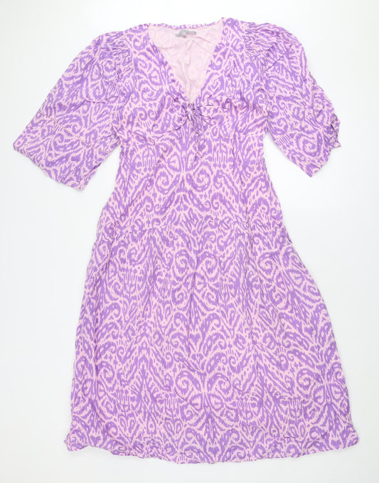 Oliver Bonas Womens Purple Geometric Cotton A-Line Size 8 V-Neck Tie