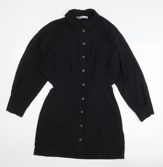 Zara Womens Black Viscose Shirt Dress Size M Collared Button