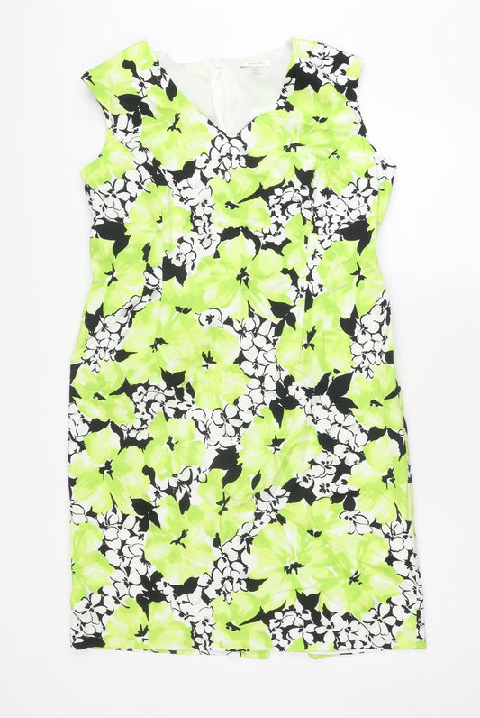 Precis Womens Green Floral Cotton Shift Size 16 V-Neck Zip