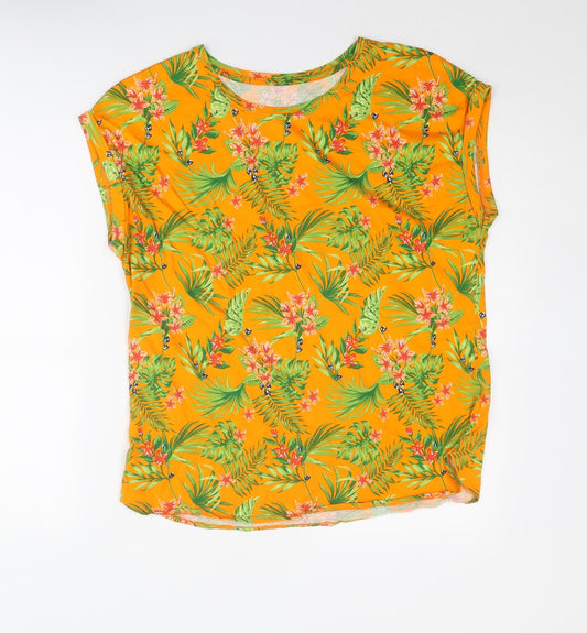 M&Co Womens Multicoloured Floral Cotton Basic T-Shirt Size 16 Round Neck