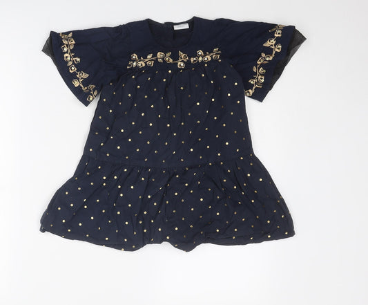 All About Emma Girls Blue Geometric Cotton A-Line Size 3-4 Years Round Neck Button