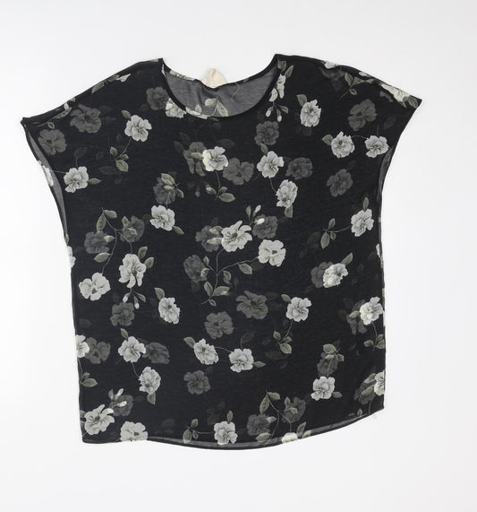Pins & Needles Womens Black Floral Polyester Basic T-Shirt Size S Round Neck