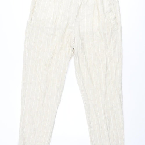 Marks and Spencer Womens Beige Striped Linen Carrot Trousers Size 14 Regular