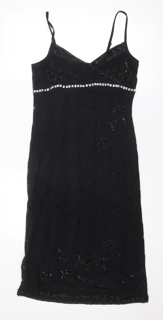 Karen Millen Womens Black Floral Nylon Slip Dress Size 14 V-Neck Pullover