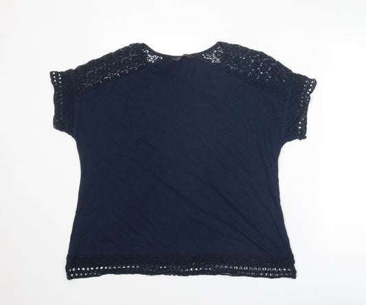 Marks and Spencer Womens Blue Cotton Basic T-Shirt Size 18 Round Neck - Crochet Detail