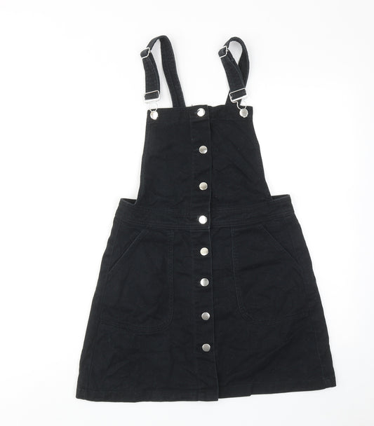 H&M Womens Black Cotton Pinafore/Dungaree Dress Size 10 Square Neck Buckle