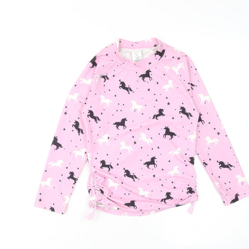NEXT Girls Pink Geometric Polyester Basic T-Shirt Size 8 Years Mock Neck Pullover - Unicorn Rash Guard