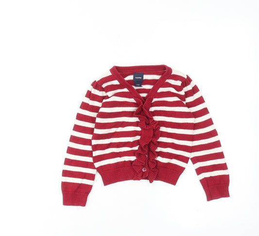 Gap Girls Red V-Neck Striped Cotton Cardigan Jumper Size 3 Years Button