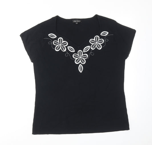 Ellie Louise Womens Black Viscose Basic T-Shirt Size XL V-Neck - Flower