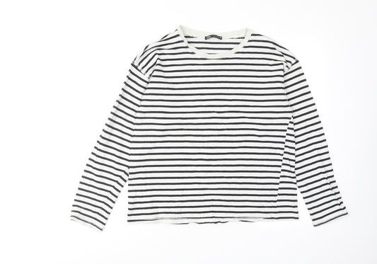 Zara Womens White Striped Cotton Pullover Sweatshirt Size M Pullover