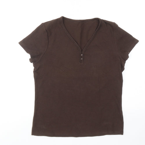 BHS Womens Brown Cotton Basic T-Shirt Size 14 V-Neck