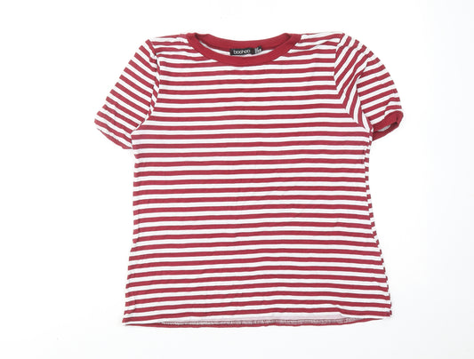 Boohoo Womens Red Striped Viscose Basic T-Shirt Size 10 Round Neck