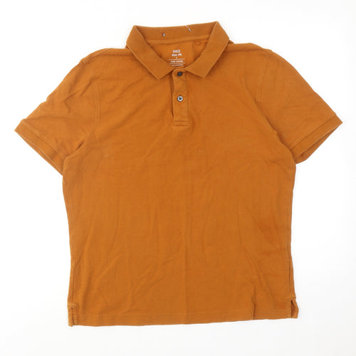 Marks and Spencer Mens Orange Cotton Polo Size L Collared Button