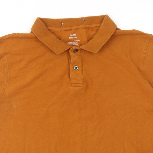 Marks and Spencer Mens Orange Cotton Polo Size L Collared Button