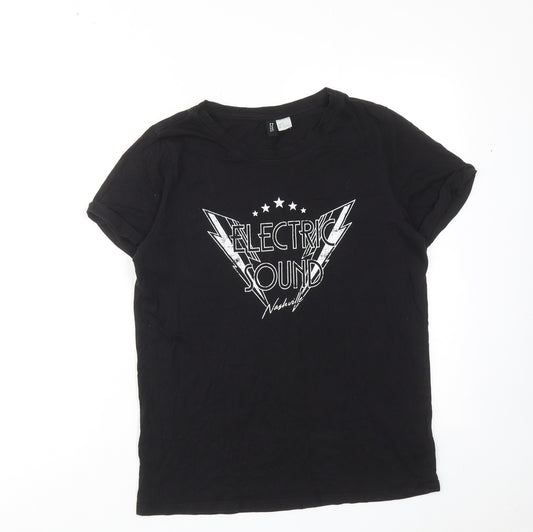 H&M Womens Black Cotton Basic T-Shirt Size S Round Neck - Electric Sound