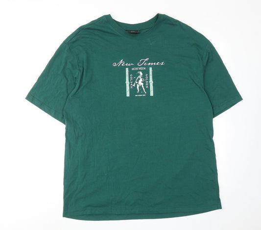 H&M Mens Green Cotton T-Shirt Size L Round Neck - New Times Ancient Wisdom