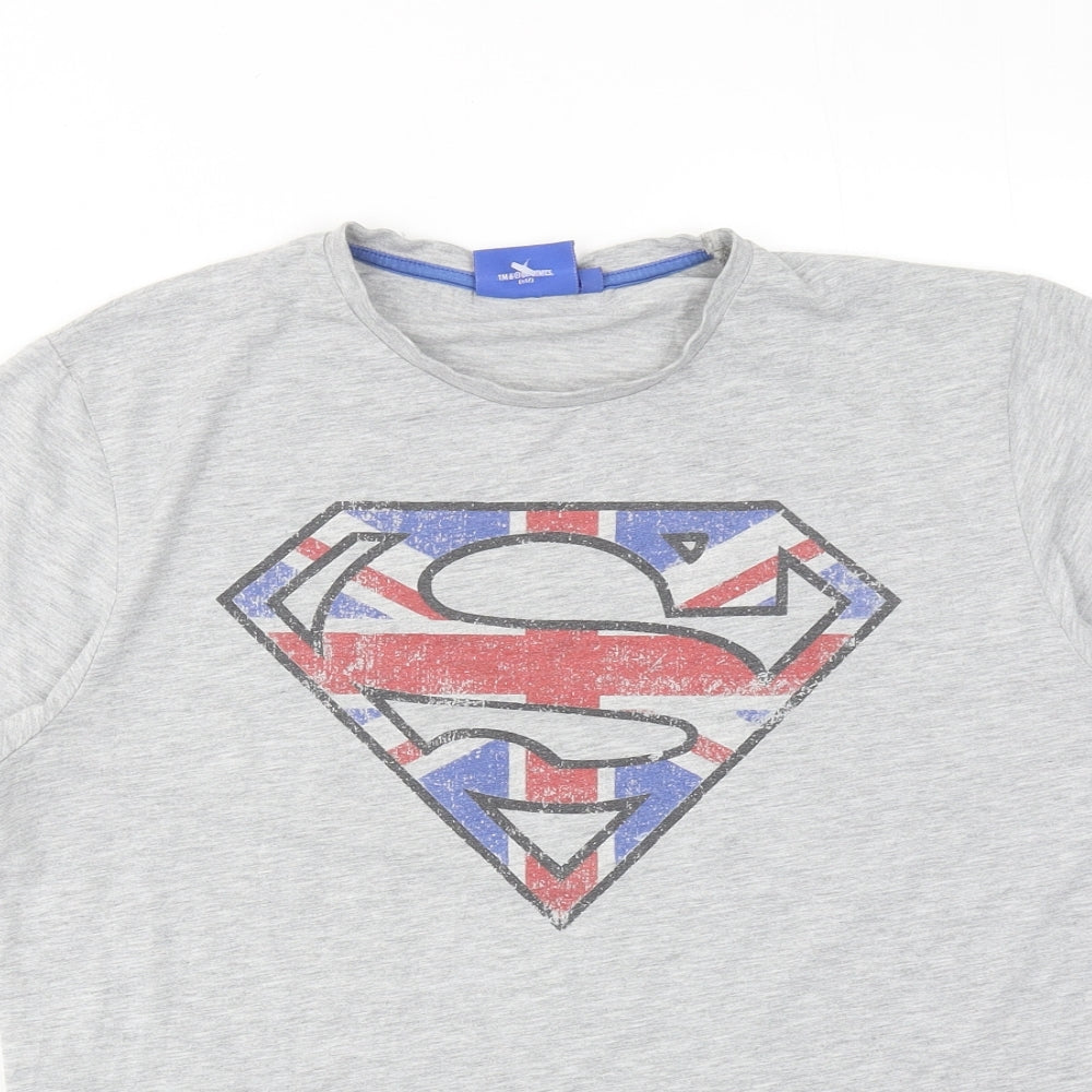 Superman Mens Grey Cotton T-Shirt Size M Round Neck - Union Jack Superman