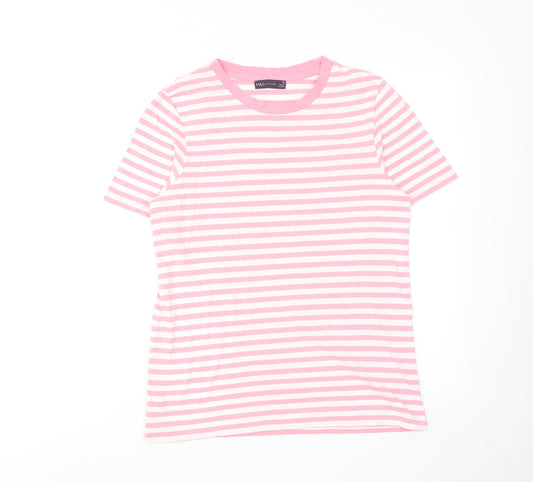 Marks and Spencer Womens Pink Striped Cotton Basic T-Shirt Size 10 Crew Neck