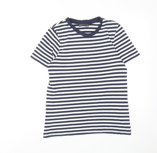 Marks and Spencer Womens Blue Striped Cotton Basic T-Shirt Size 8 Round Neck