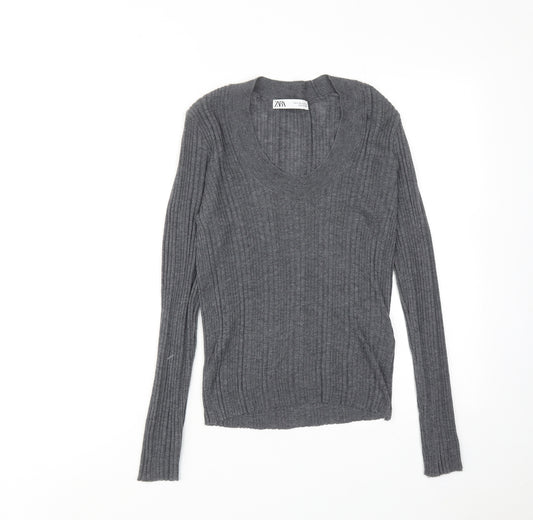 Zara Womens Grey V-Neck Nylon Pullover Jumper Size S