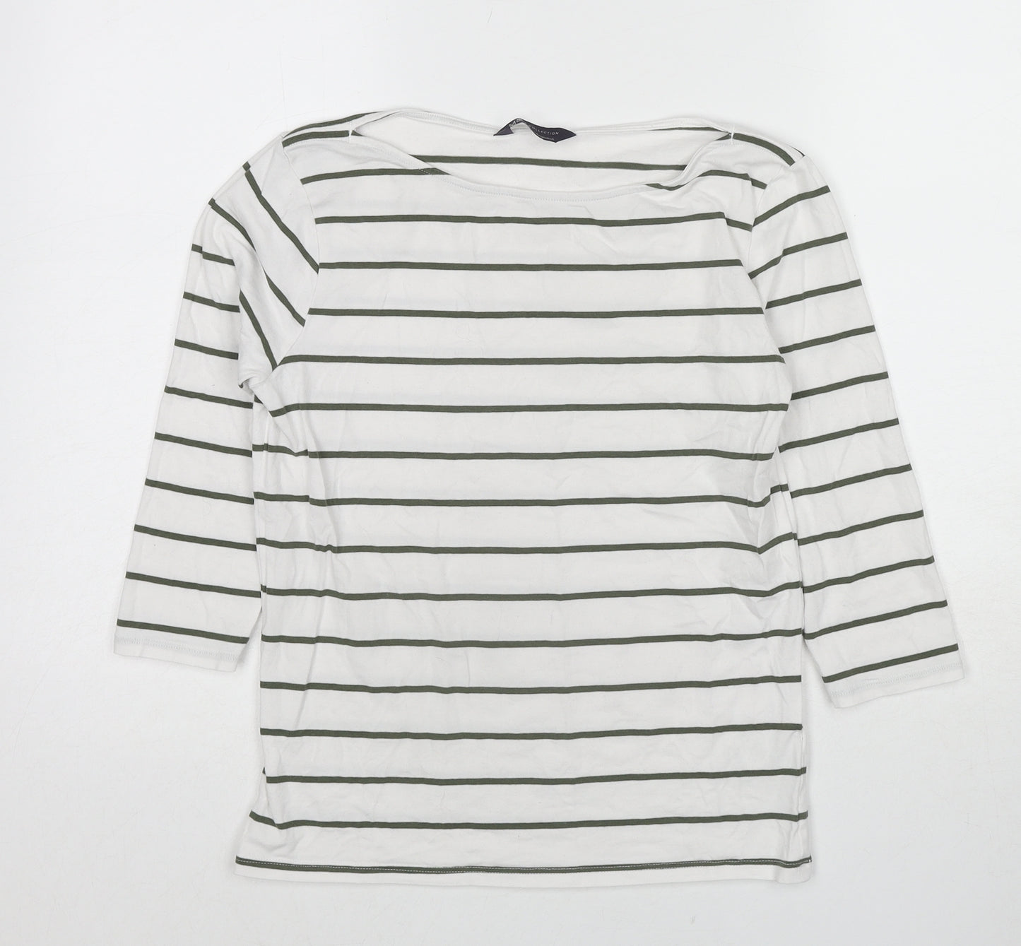 Marks and Spencer Womens White Striped Cotton Basic Blouse Size 12 Round Neck