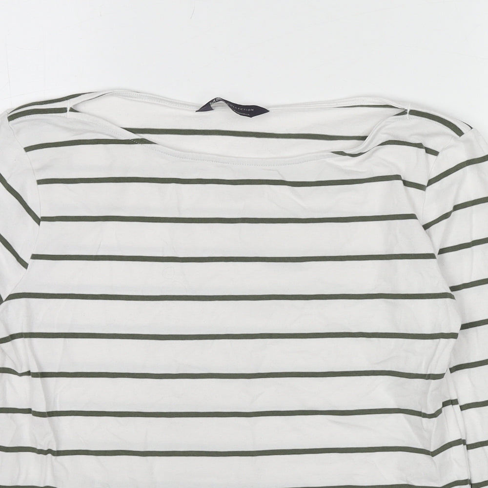 Marks and Spencer Womens White Striped Cotton Basic Blouse Size 12 Round Neck