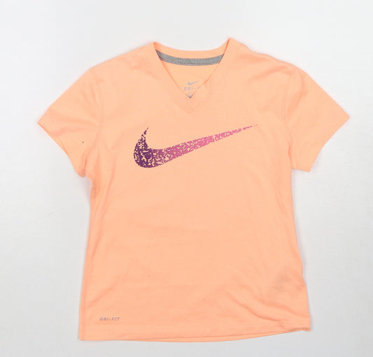 Nike Girls Orange Cotton Basic T-Shirt Size 8-9 Years V-Neck Pullover - Age 8-10
