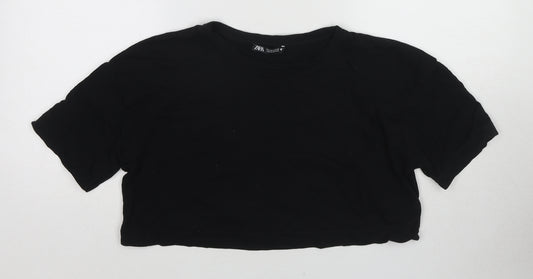 Zara Womens Black Cotton Cropped T-Shirt Size S Round Neck