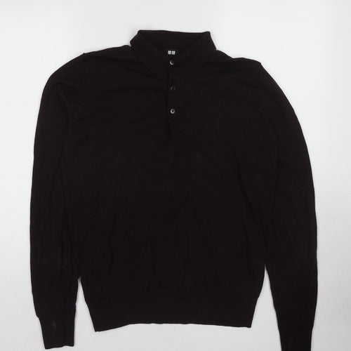 Uniqlo Mens Brown Collared Polyester Henley Jumper Size M Long Sleeve
