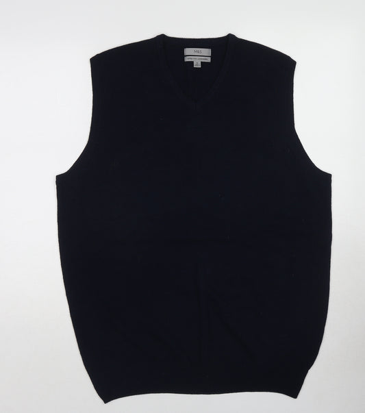 Marks and Spencer Mens Blue V-Neck Wool Vest Jumper Size XL Sleeveless