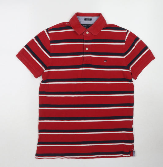 Tommy Hilfiger Mens Red Striped Cotton Polo Size S Collared Pullover